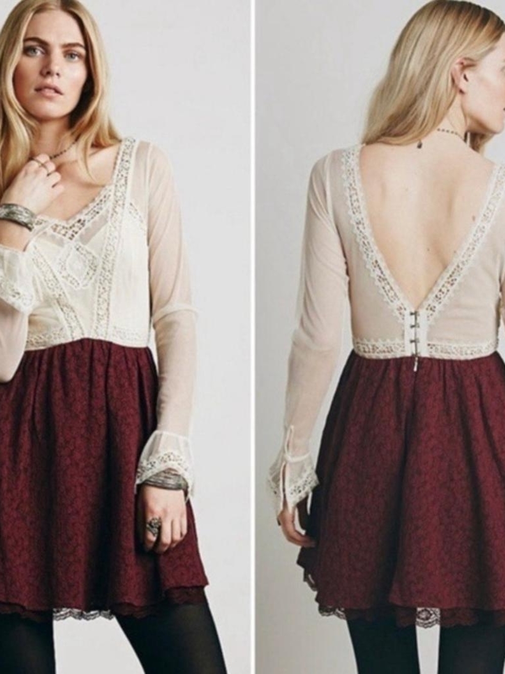 Free People Lace Trimmed & Velvet Tea Red Garnet Dress